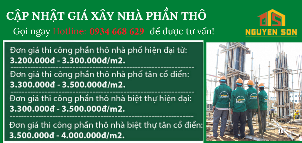 Bảng giá xây nhà phần thô của Xây Dựng Nguyễn Sơn